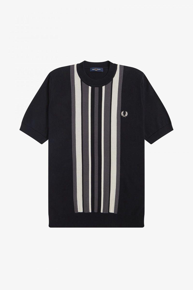 Black Fred Perry Striped Knitted Men's T Shirts | PH 1774PJJQ